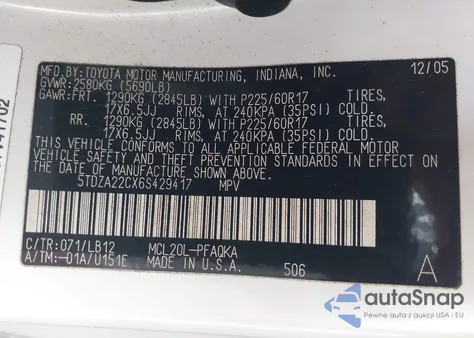 2006 Toyota Sienna Xle Limited z USA, uszkodzony, nr VIN 5TDZA22CX6S429417